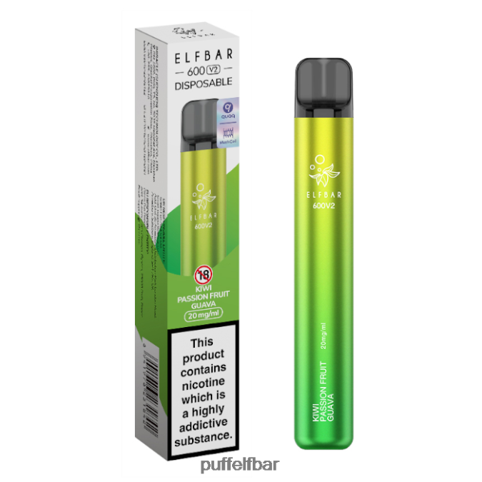 Vape jetable elfbar 600v2 - 20 mg N48RVT12 - puff ELF BAR rechargeable kiwi fruit de la passion goyave